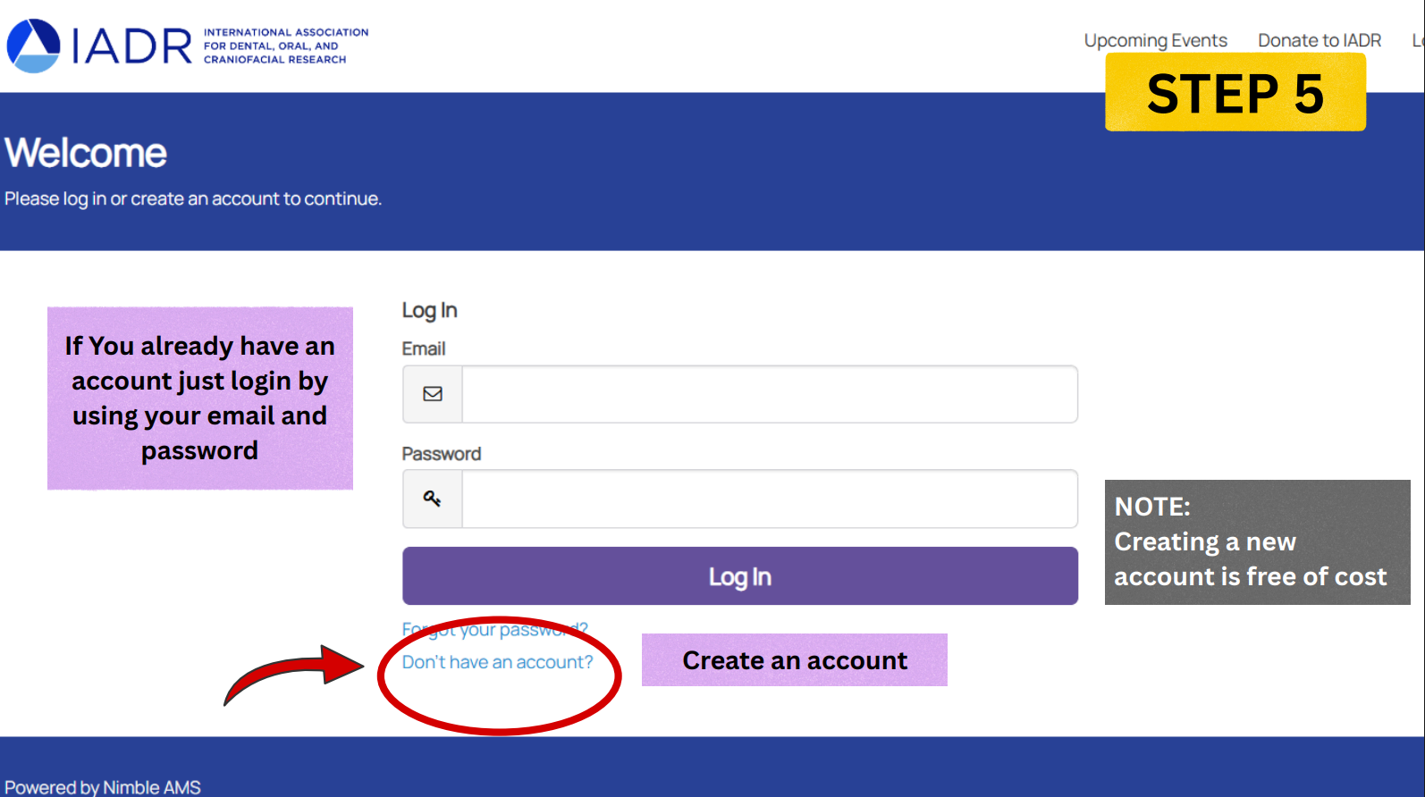 IADR Account Welcome Screen